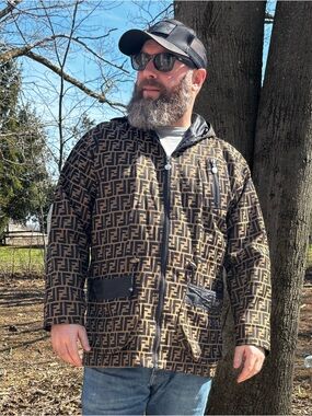 Vintage Fendi Zucca Print Monogram Hooded Zip-Up Jacket in Brown & Black